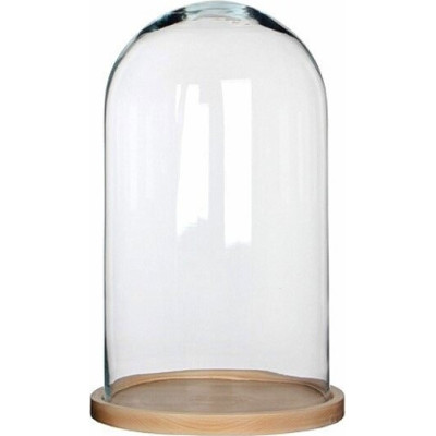 Duży szklany klosz z jasnobrązową drewnianą podstawą