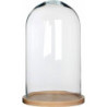 Duży szklany klosz z jasnobrązową drewnianą podstawą