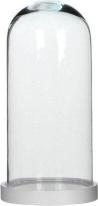 Mały, wąski klosz szklany z białą drewnianą podstawą