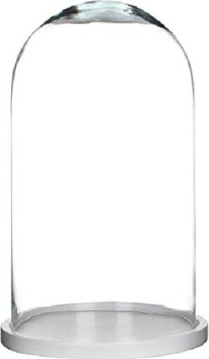 Duży szklany klosz z białą drewnianą podstawą