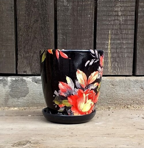 Doniczka Nova Kalka czarna w róże