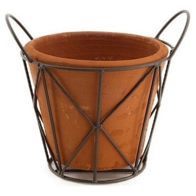 Kwietnik - Doniczka terakota ciemna w metalowym koszu