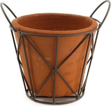 Kwietnik - Doniczka terakota ciemna w metalowym koszu