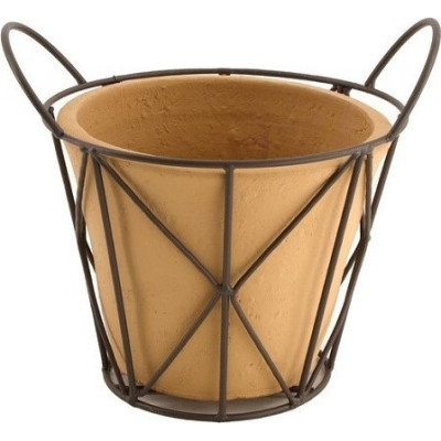 Kwietnik - Doniczka terakota jasna w metalowym koszu