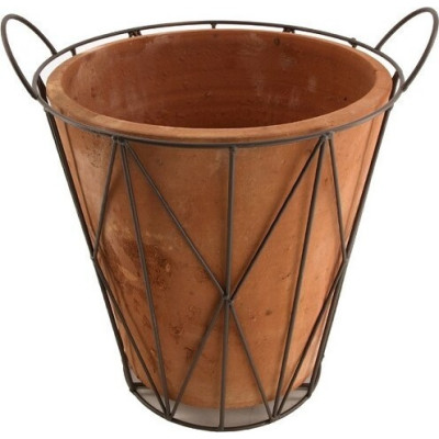 Kwietnik - Doniczka terakota ciemna w metalowym koszu