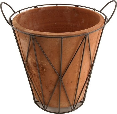 Kwietnik - Doniczka terakota ciemna w metalowym koszu