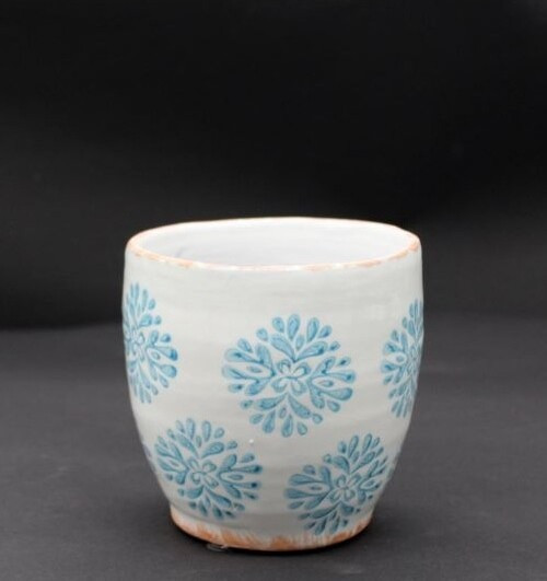 Doniczka Etno biała z niebieskim wzorem