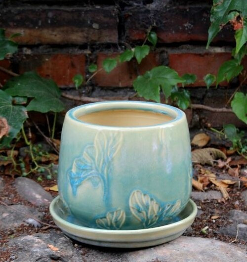 Doniczka Vici kulista błękitna w kwiaty