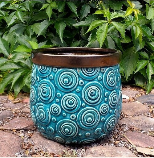 Doniczka Vintage turkusowa złoty rant