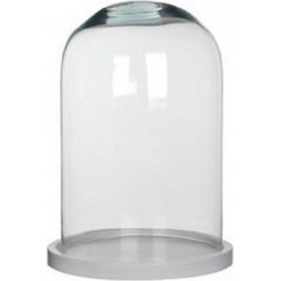 Duży szklany klosz z białą drewnianą podstawą