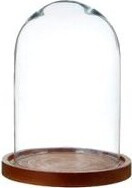 Szklany klosz z ciemnobrązową drewnianą podstawą