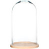 Duży szklany klosz z jasnobrązową drewnianą podstawą